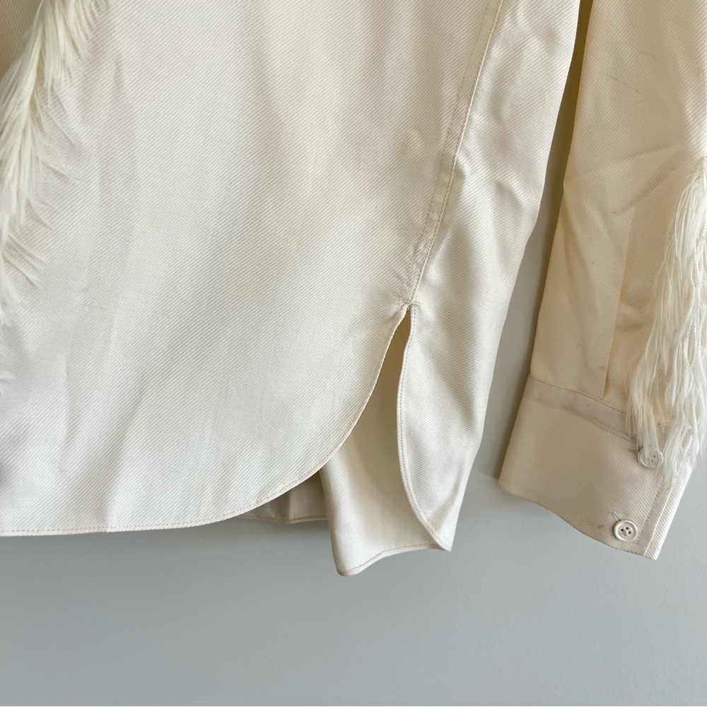 HELMUT LANG Twill Silk Feather Trim Ecru / White Fringe Long Sleeve Blouse Sz XS - Picture 5 of 16